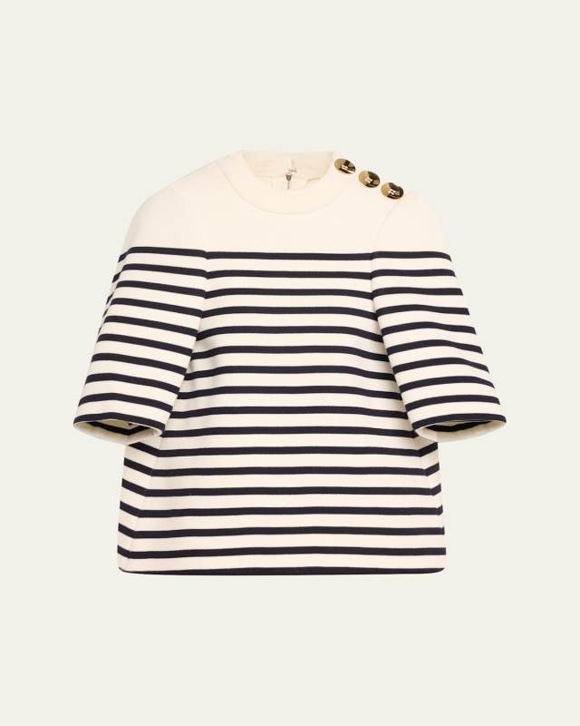Stripe Buttoned-Shoulder Merino Wool Top